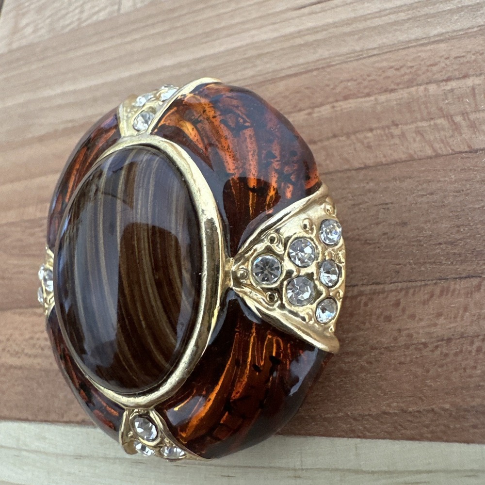 Vintage Brooch Pin 1.75 Inch Brown Marbled Art Glass Clear Rhinestones Gold - Picture 5 of 8